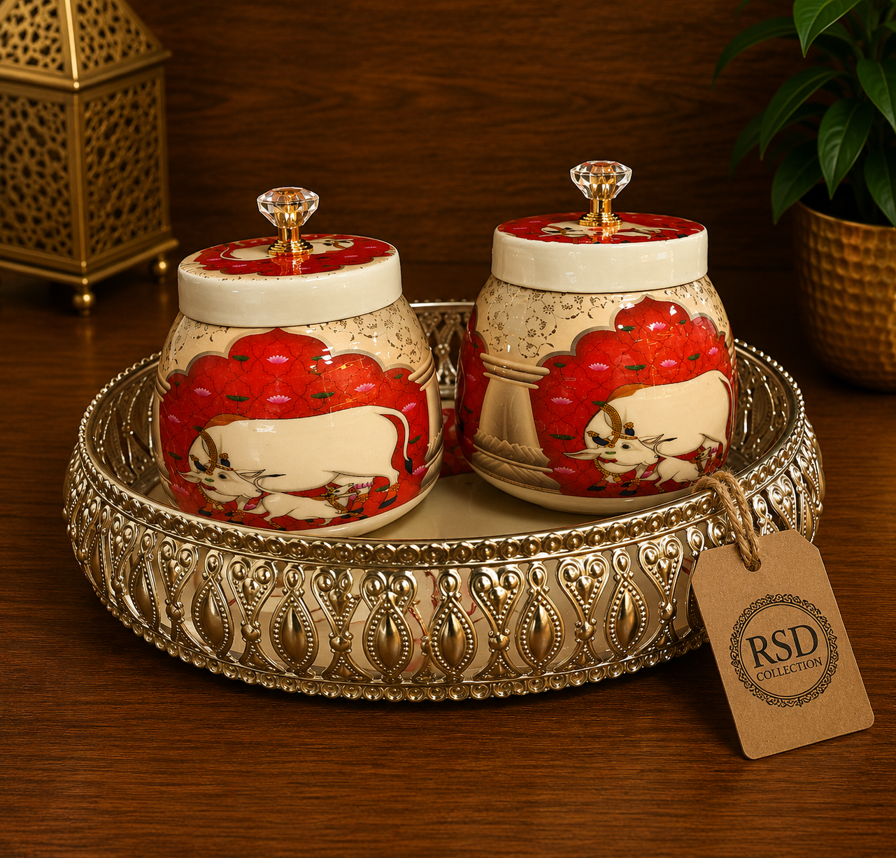 Red Printed Box And Tray Set tray, plate & thali for Indian home decor