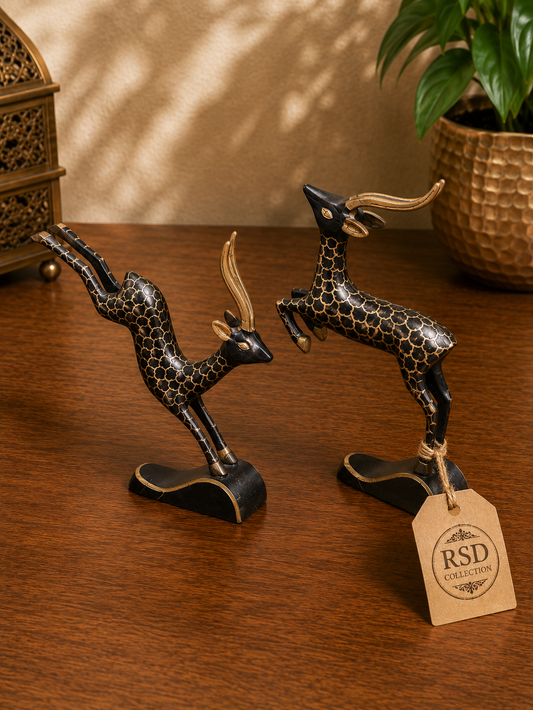7 Inch Jumping Deer Set brass statue & idol for Indian home decor