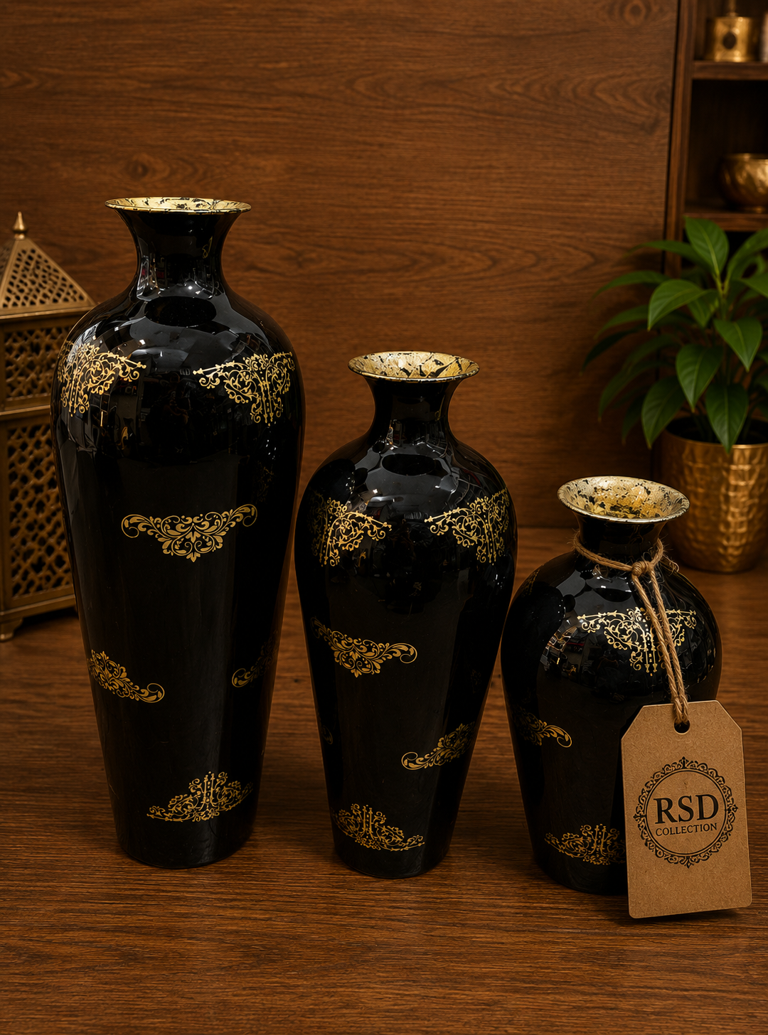 Black Vase Trio With Golden Print decorative vase for Indian home decor
