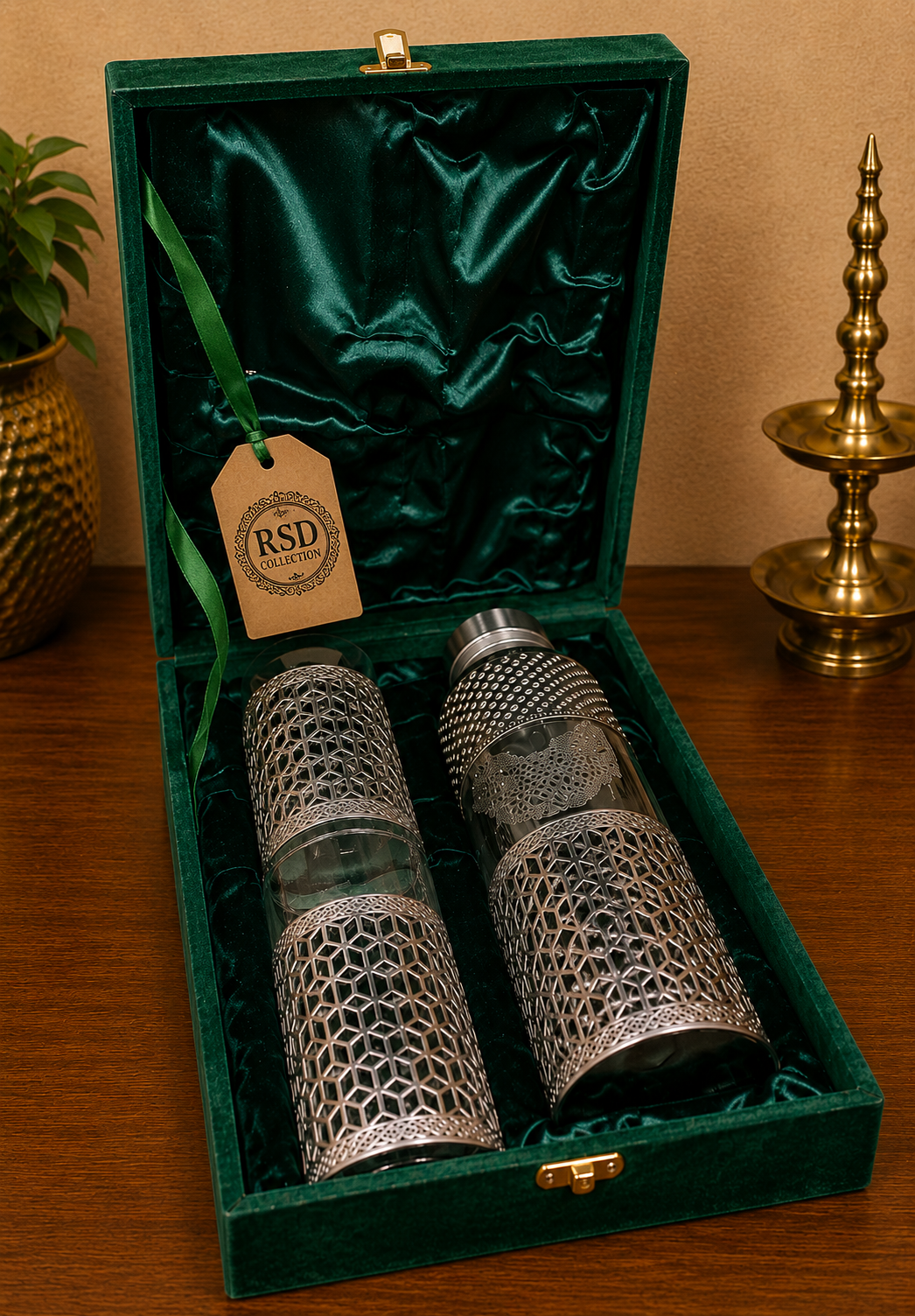 Bottle And Glass Set In Velvet Box glassware & serveware for Indian home decor