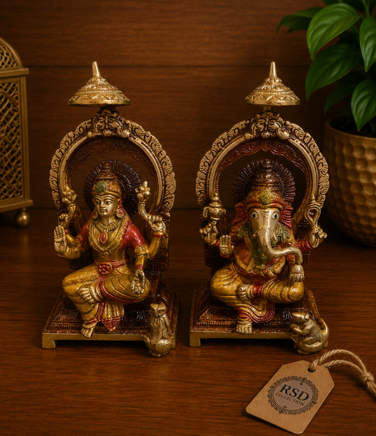 Colored Ganesh Lakshmi Set brass statue & idol for Indian home decor