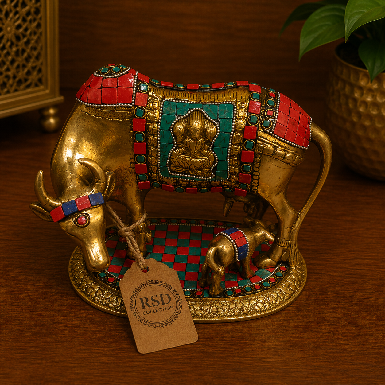 Colored Kamdhenu Cow With Calf Statue brass statue & idol for Indian home decor