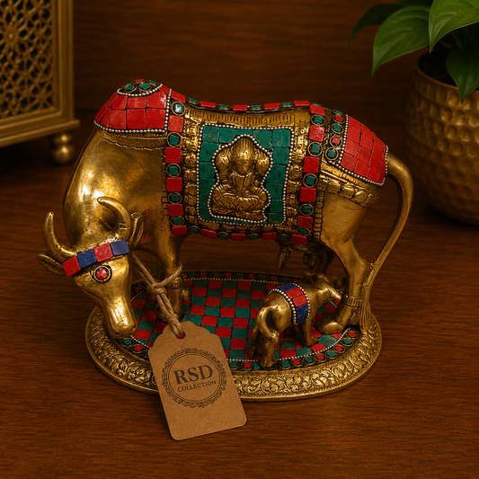 Colored Kamdhenu Cow With Calf Statue brass statue & idol for Indian home decor