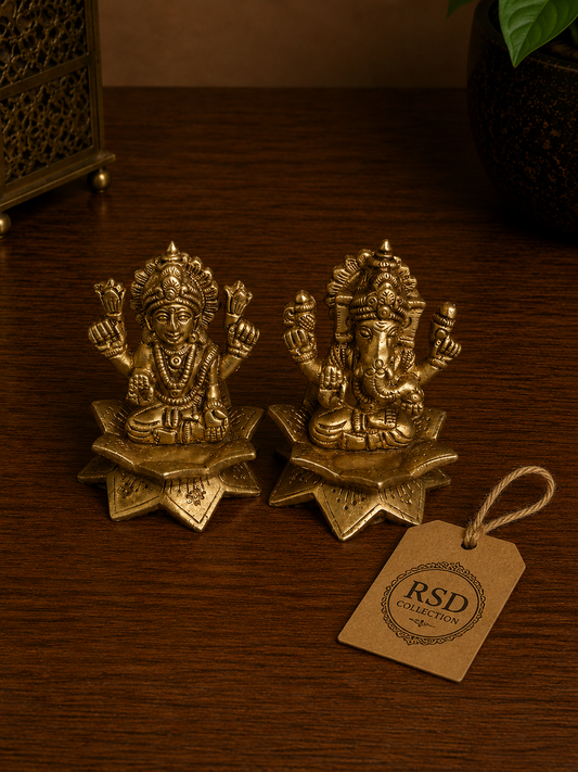 Ganesh Lakshmi On Lotus Set brass statue & idol for Indian home decor