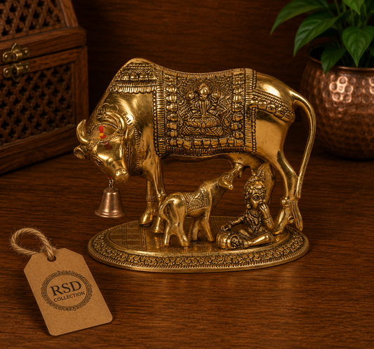 Kamdhenu Cow With Calf And Krishna Statue 1 brass statue & idol for Indian home decor