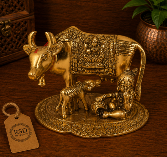 Kamdhenu Cow With Calf And Krishna Statue 2 brass statue & idol for Indian home decor