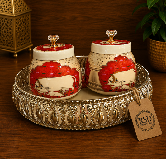 Red Printed Box And Tray Set tray, plate & thali for Indian home decor