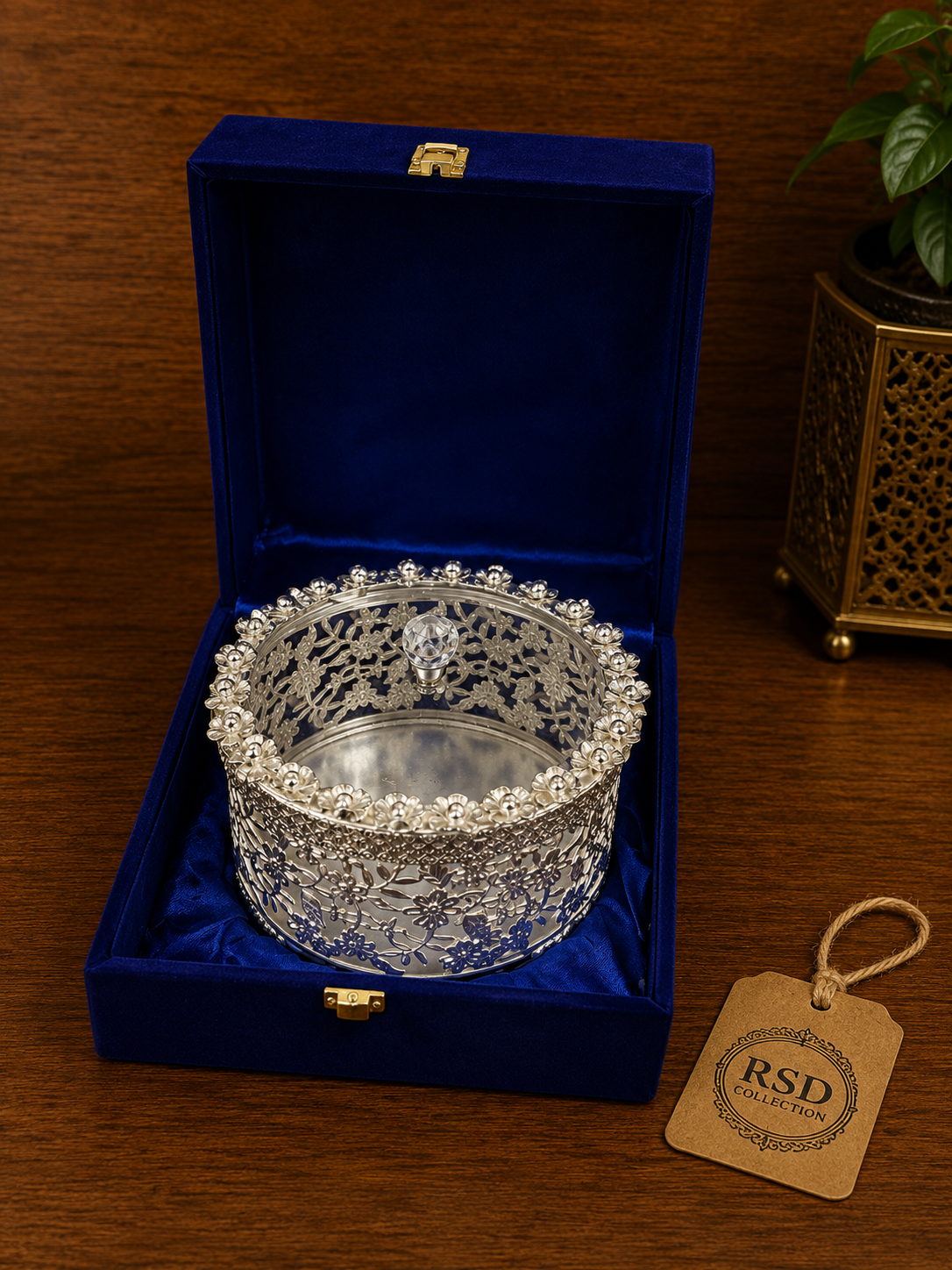 Silver Glass Bowl In Velvet Box bowl & basket for Indian home decor