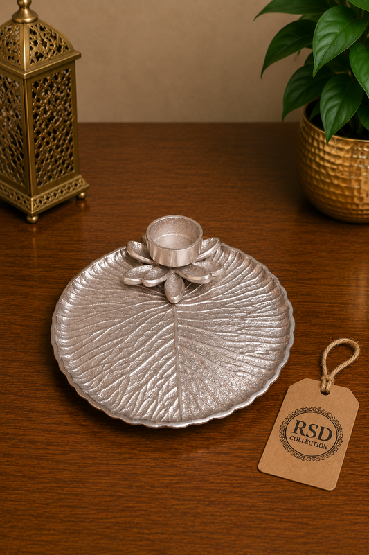 Silver Round Leaf Plate tray, plate & thali for Indian home decor